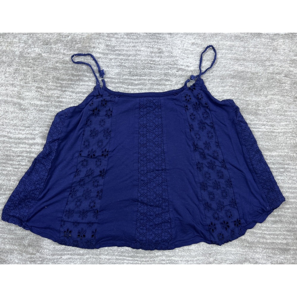 Red Camel Camisole Womens Medium Navy Blue Eyelet Boho Lace Trim Spaghetti Strap